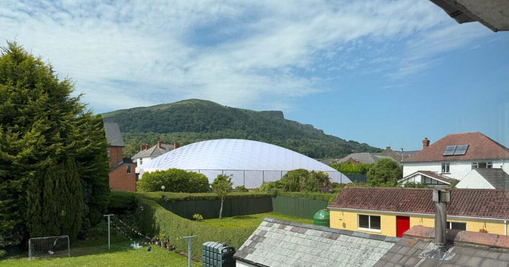 A computer generated image of a 10m high inflatable dome from a neighbours garden